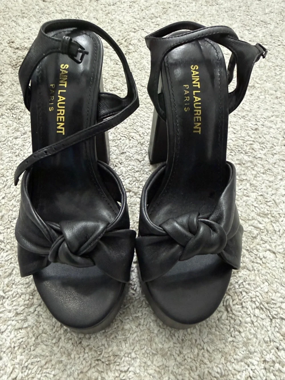 Saint Laurent Black Knotted Leather Platform Heels - Picture 1 of 7